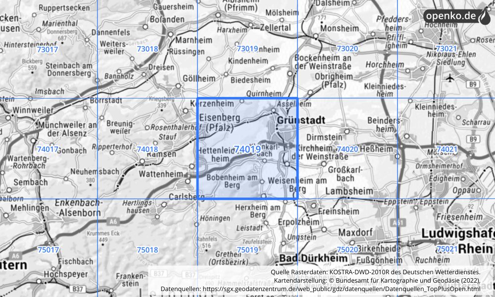 Übersichtskarte KOSTRA-DWD-2010R Rasterfeld Nr. 74019 mit angrenzenden Feldern