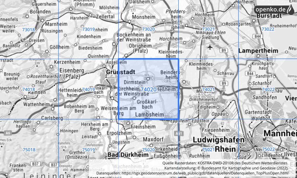 Übersichtskarte KOSTRA-DWD-2010R Rasterfeld Nr. 74020 mit angrenzenden Feldern