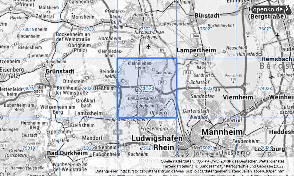 Übersichtskarte KOSTRA-DWD-2010R Rasterfeld Nr. 74021 mit angrenzenden Feldern