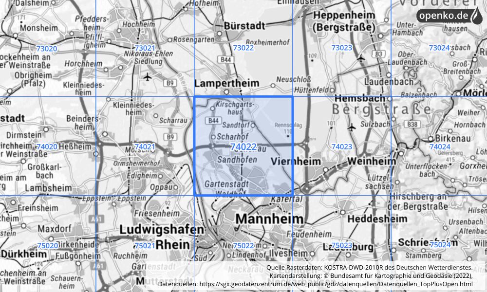 Übersichtskarte KOSTRA-DWD-2010R Rasterfeld Nr. 74022 mit angrenzenden Feldern