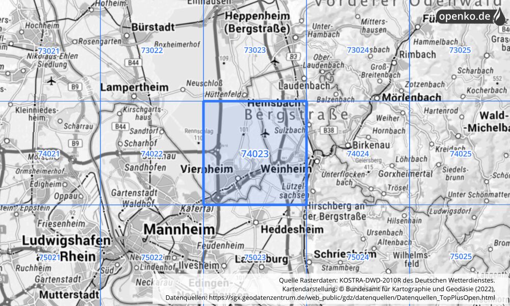 Übersichtskarte KOSTRA-DWD-2010R Rasterfeld Nr. 74023 mit angrenzenden Feldern