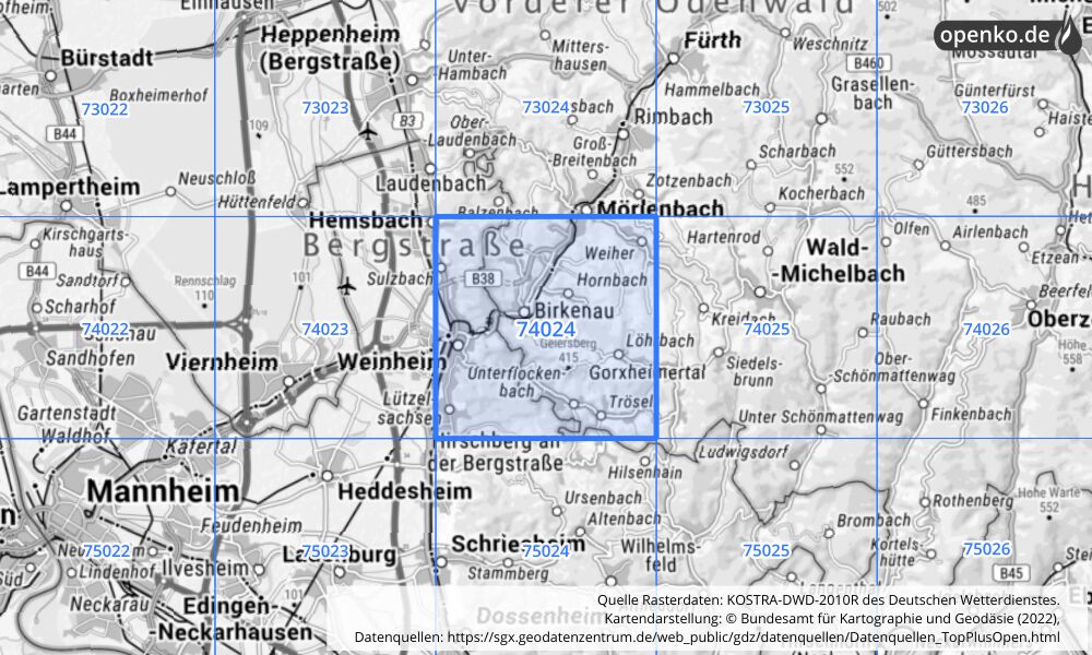 Übersichtskarte KOSTRA-DWD-2010R Rasterfeld Nr. 74024 mit angrenzenden Feldern