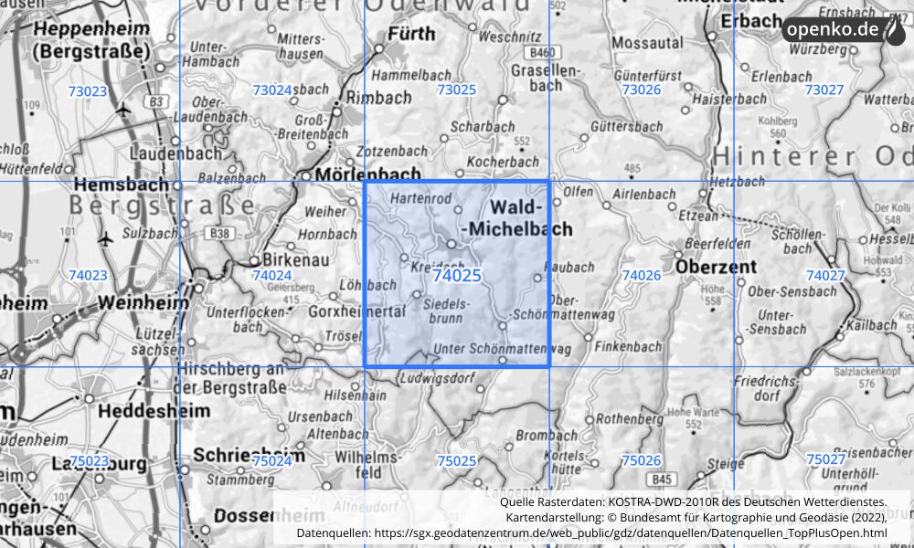 Übersichtskarte KOSTRA-DWD-2010R Rasterfeld Nr. 74025 mit angrenzenden Feldern