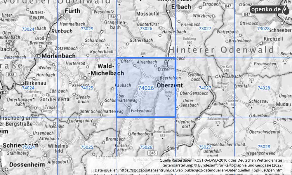 Übersichtskarte KOSTRA-DWD-2010R Rasterfeld Nr. 74026 mit angrenzenden Feldern