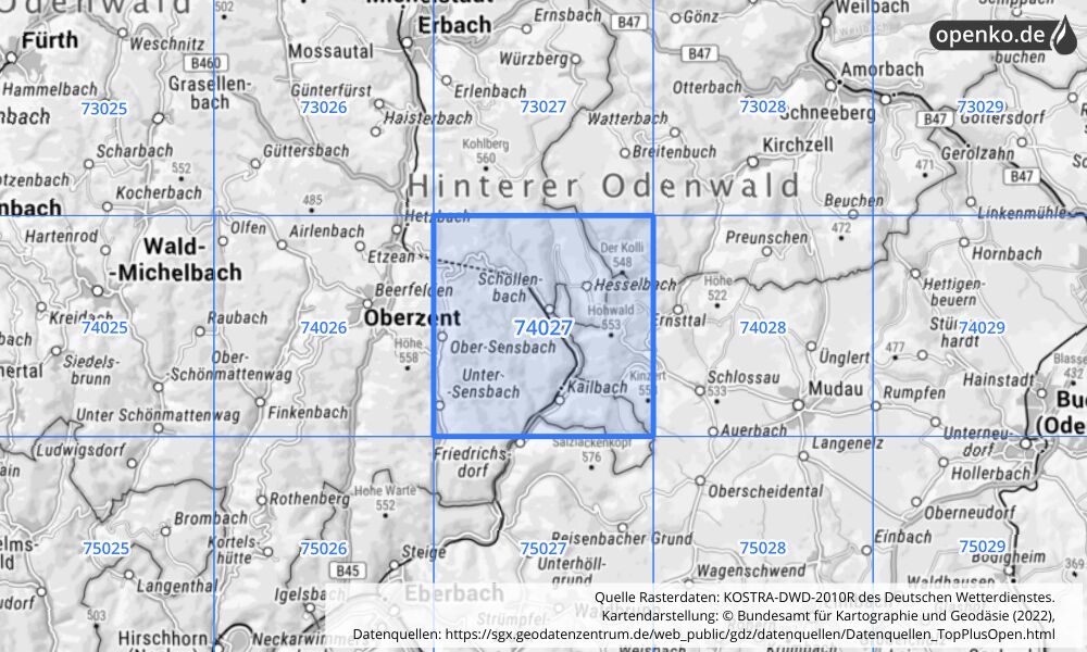 Übersichtskarte KOSTRA-DWD-2010R Rasterfeld Nr. 74027 mit angrenzenden Feldern