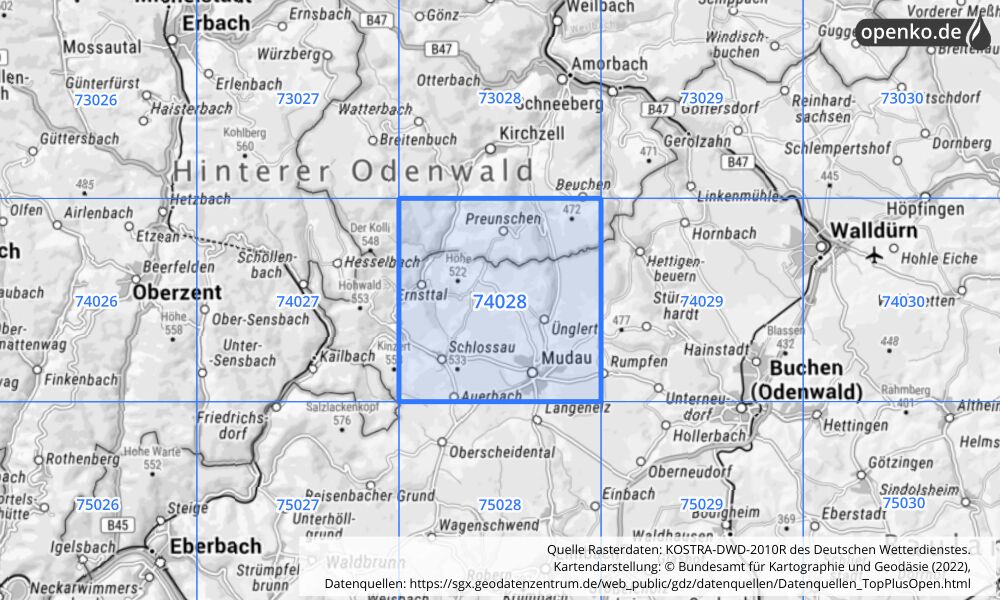 Übersichtskarte KOSTRA-DWD-2010R Rasterfeld Nr. 74028 mit angrenzenden Feldern