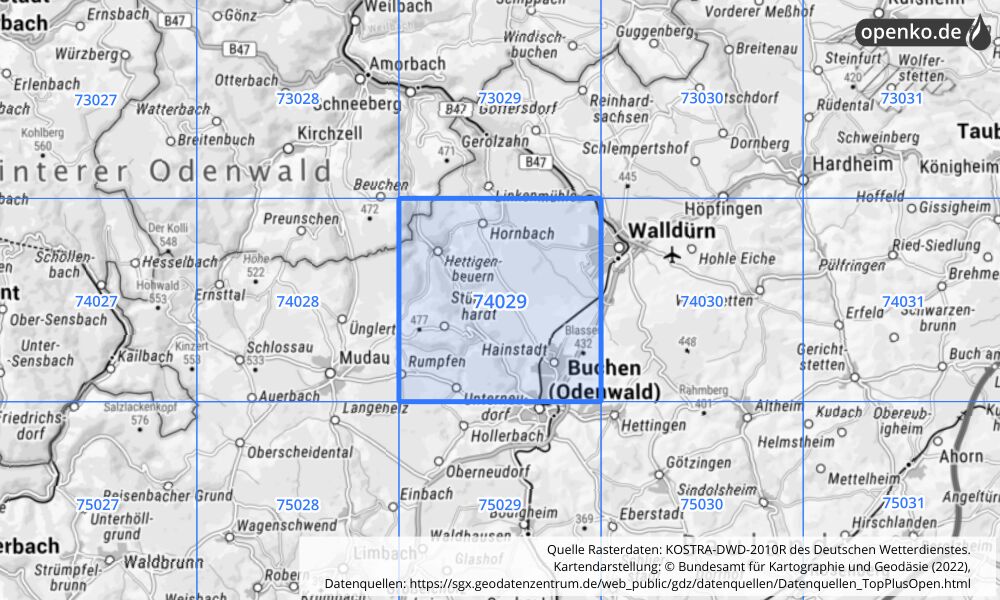 Übersichtskarte KOSTRA-DWD-2010R Rasterfeld Nr. 74029 mit angrenzenden Feldern