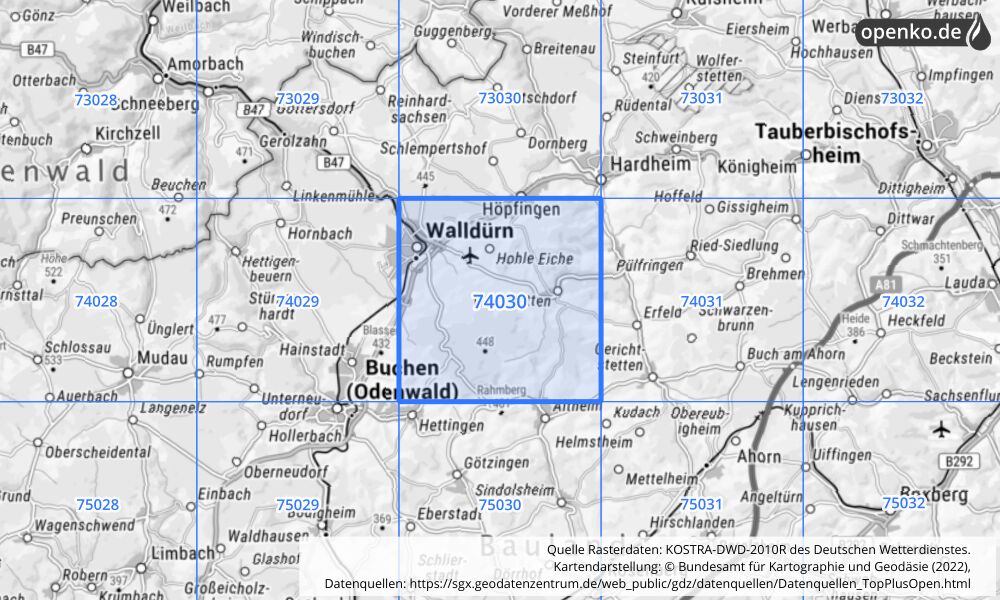 Übersichtskarte KOSTRA-DWD-2010R Rasterfeld Nr. 74030 mit angrenzenden Feldern