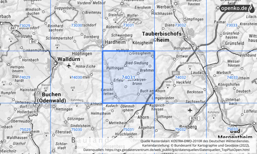 Übersichtskarte KOSTRA-DWD-2010R Rasterfeld Nr. 74031 mit angrenzenden Feldern