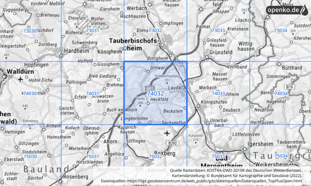 Übersichtskarte KOSTRA-DWD-2010R Rasterfeld Nr. 74032 mit angrenzenden Feldern