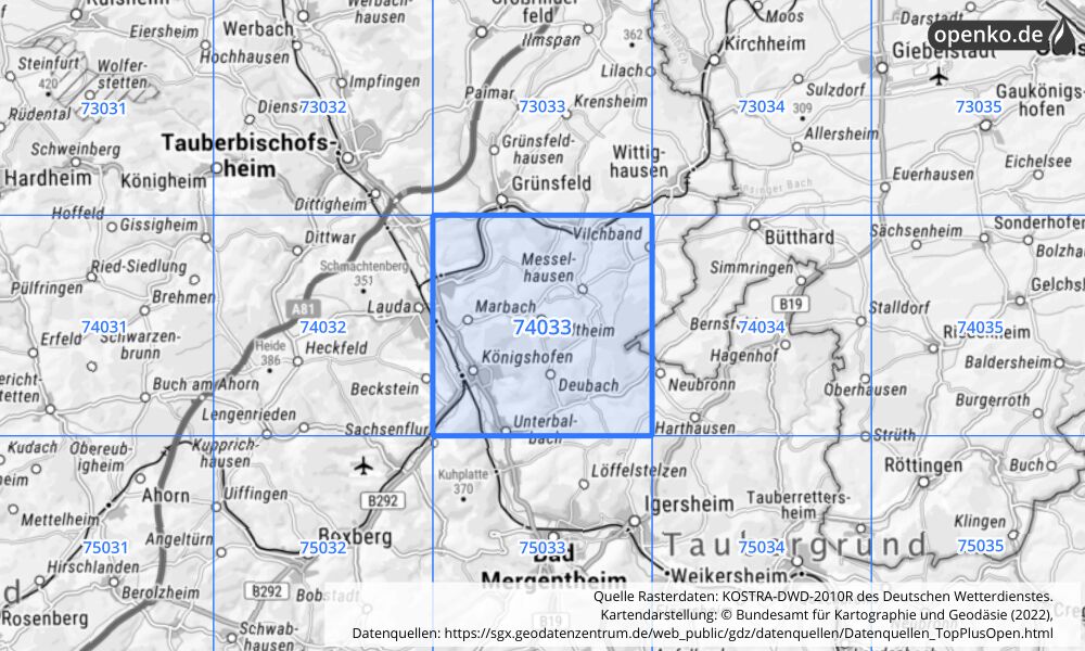 Übersichtskarte KOSTRA-DWD-2010R Rasterfeld Nr. 74033 mit angrenzenden Feldern