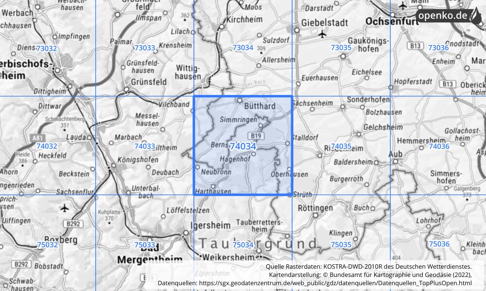 Übersichtskarte KOSTRA-DWD-2010R Rasterfeld Nr. 74034 mit angrenzenden Feldern