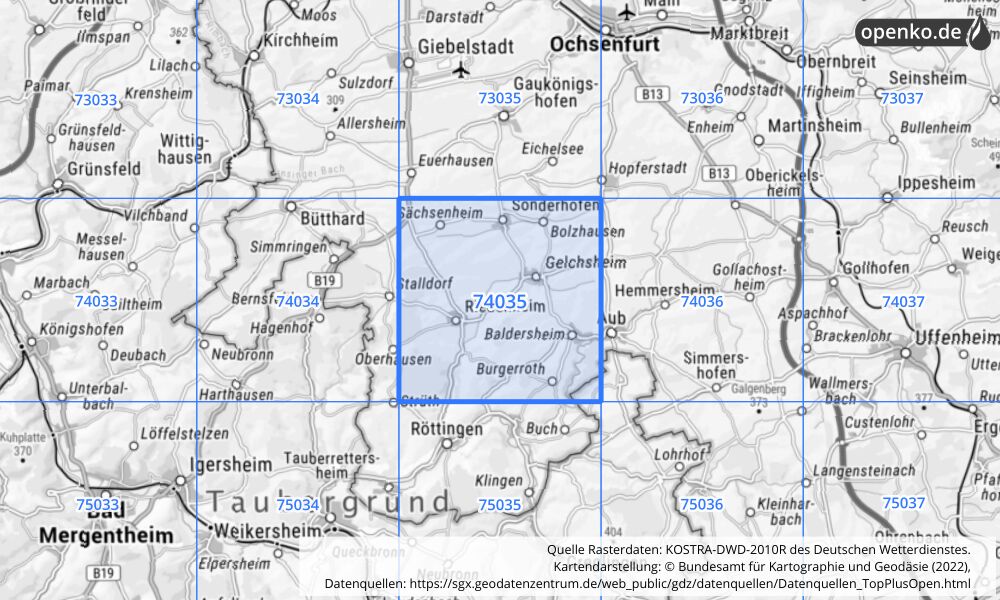 Übersichtskarte KOSTRA-DWD-2010R Rasterfeld Nr. 74035 mit angrenzenden Feldern