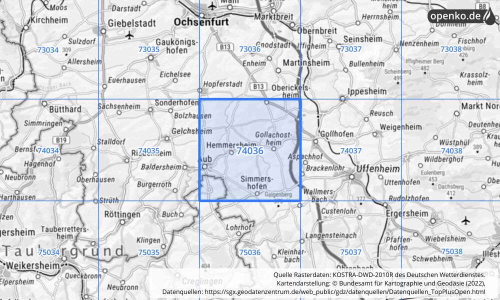 Übersichtskarte KOSTRA-DWD-2010R Rasterfeld Nr. 74036 mit angrenzenden Feldern