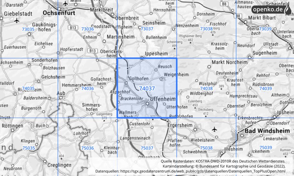 Übersichtskarte KOSTRA-DWD-2010R Rasterfeld Nr. 74037 mit angrenzenden Feldern