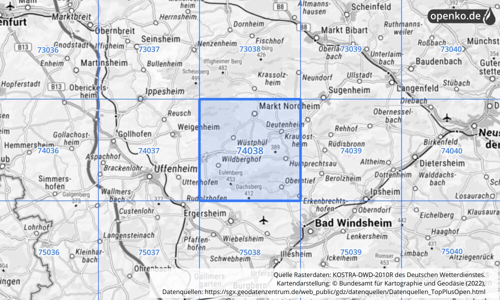 Übersichtskarte KOSTRA-DWD-2010R Rasterfeld Nr. 74038 mit angrenzenden Feldern