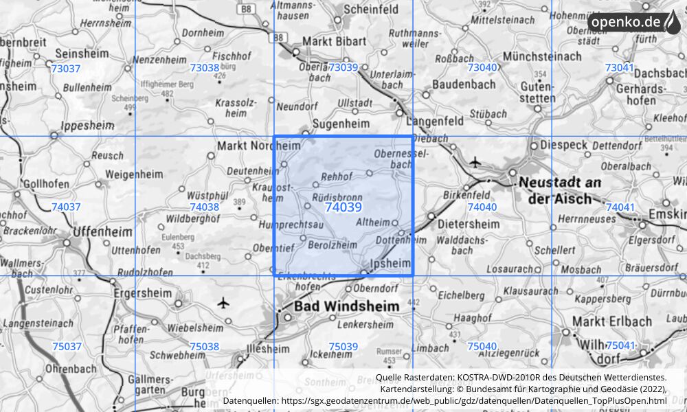 Übersichtskarte KOSTRA-DWD-2010R Rasterfeld Nr. 74039 mit angrenzenden Feldern