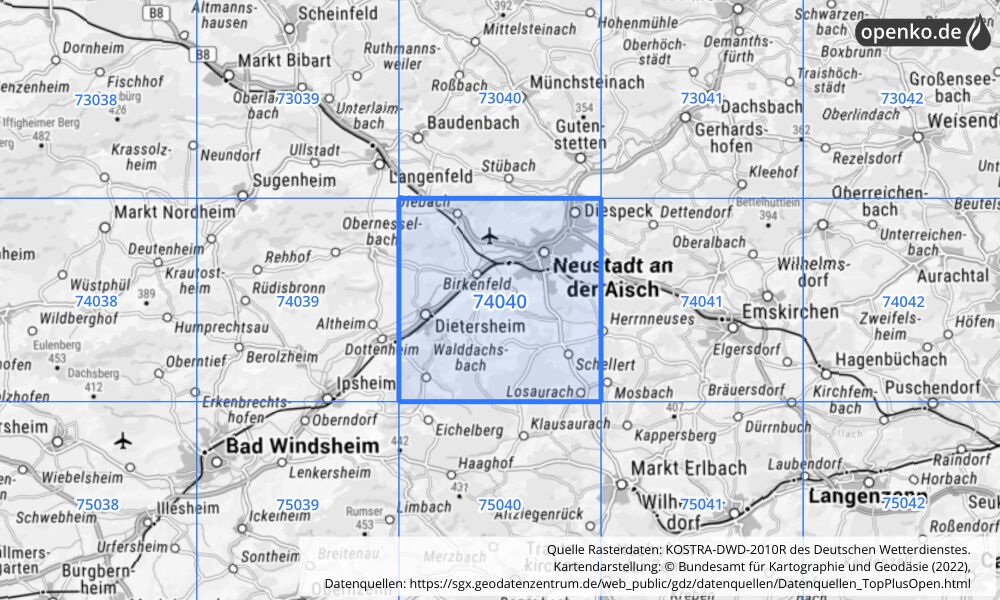 Übersichtskarte KOSTRA-DWD-2010R Rasterfeld Nr. 74040 mit angrenzenden Feldern