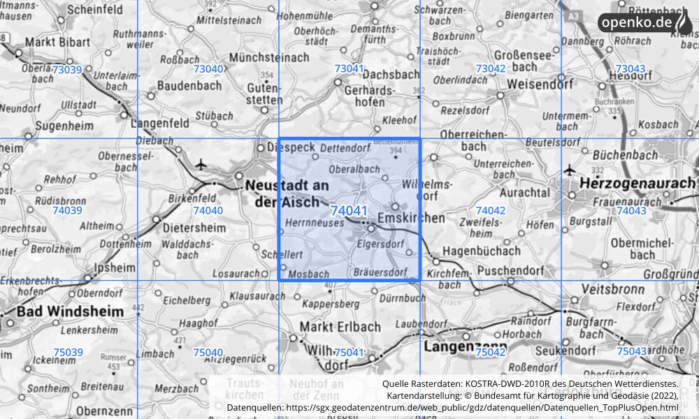 Übersichtskarte KOSTRA-DWD-2010R Rasterfeld Nr. 74041 mit angrenzenden Feldern