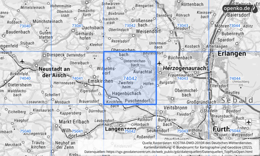 Übersichtskarte KOSTRA-DWD-2010R Rasterfeld Nr. 74042 mit angrenzenden Feldern