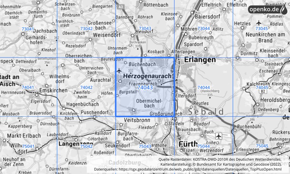 Übersichtskarte KOSTRA-DWD-2010R Rasterfeld Nr. 74043 mit angrenzenden Feldern