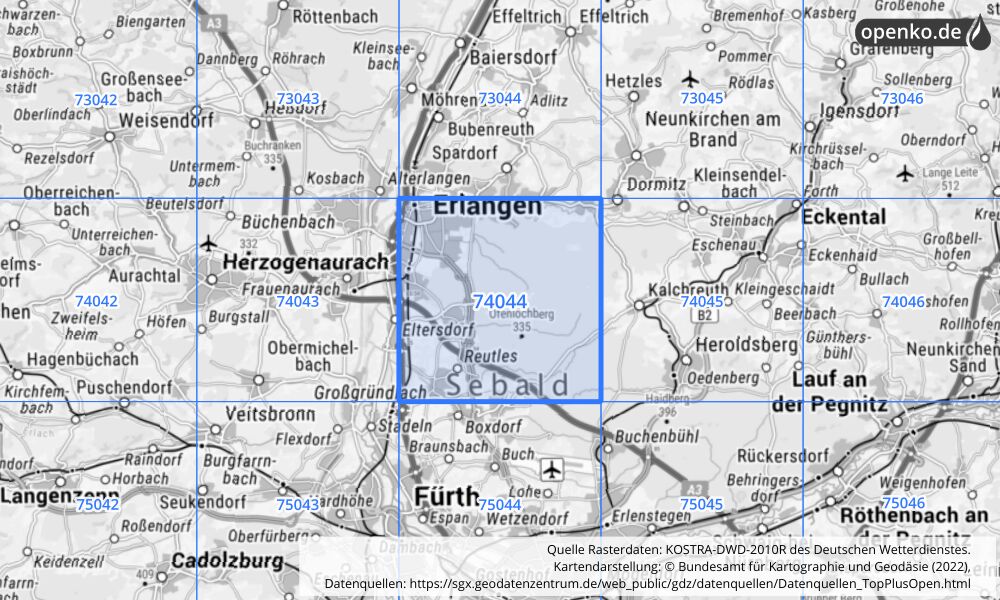 Übersichtskarte KOSTRA-DWD-2010R Rasterfeld Nr. 74044 mit angrenzenden Feldern