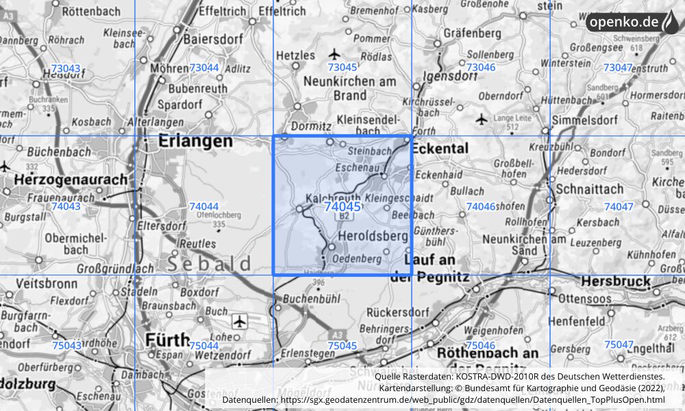 Übersichtskarte KOSTRA-DWD-2010R Rasterfeld Nr. 74045 mit angrenzenden Feldern