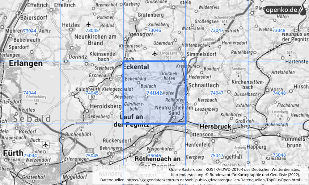 Übersichtskarte KOSTRA-DWD-2010R Rasterfeld Nr. 74046 mit angrenzenden Feldern
