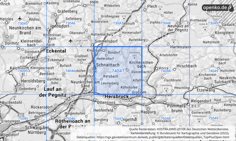 Übersichtskarte KOSTRA-DWD-2010R Rasterfeld Nr. 74047 mit angrenzenden Feldern