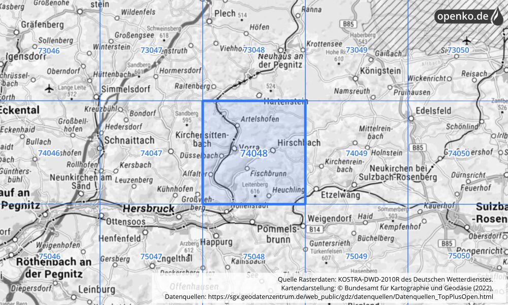 Übersichtskarte KOSTRA-DWD-2010R Rasterfeld Nr. 74048 mit angrenzenden Feldern