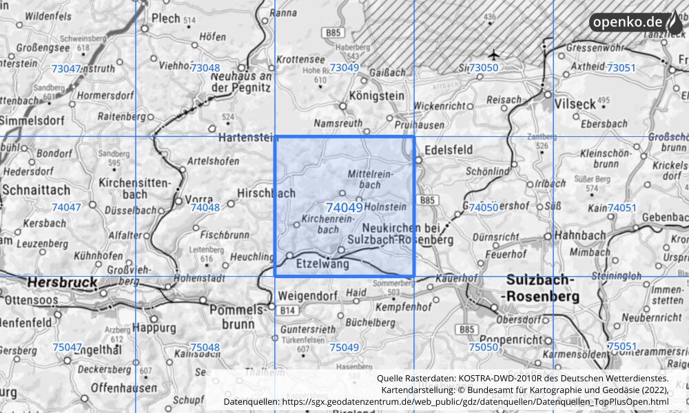 Übersichtskarte KOSTRA-DWD-2010R Rasterfeld Nr. 74049 mit angrenzenden Feldern