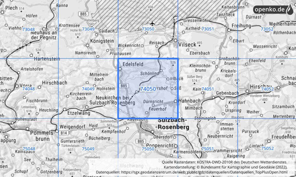 Übersichtskarte KOSTRA-DWD-2010R Rasterfeld Nr. 74050 mit angrenzenden Feldern