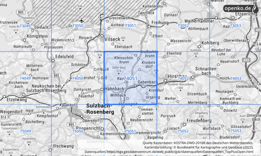 Übersichtskarte KOSTRA-DWD-2010R Rasterfeld Nr. 74051 mit angrenzenden Feldern