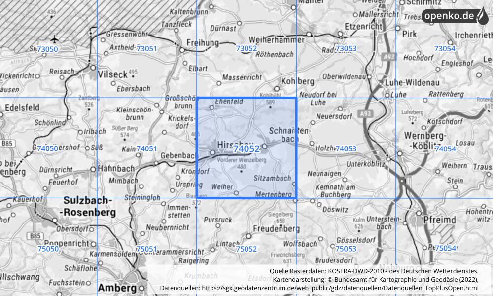 Übersichtskarte KOSTRA-DWD-2010R Rasterfeld Nr. 74052 mit angrenzenden Feldern