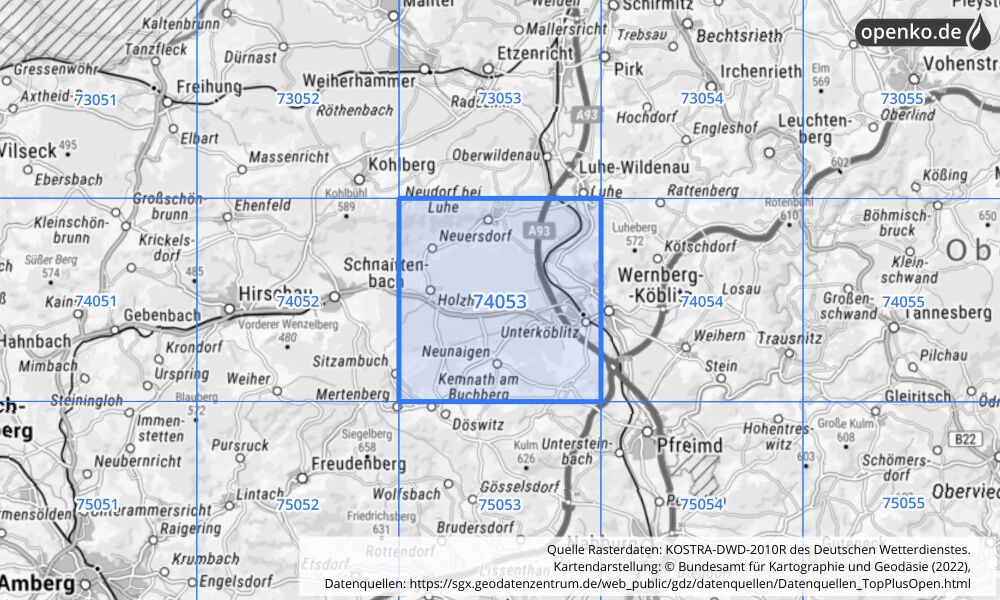 Übersichtskarte KOSTRA-DWD-2010R Rasterfeld Nr. 74053 mit angrenzenden Feldern