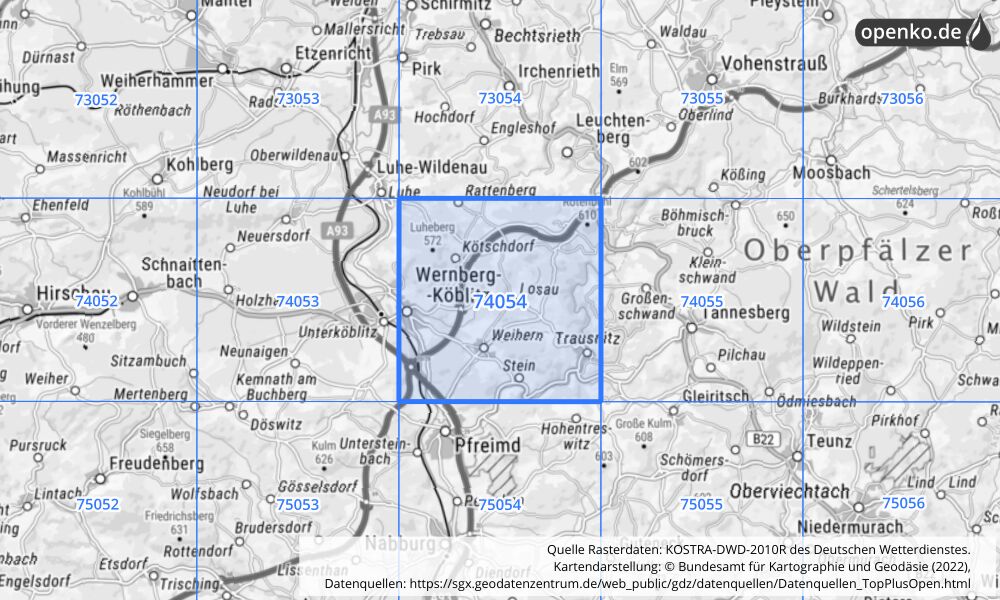 Übersichtskarte KOSTRA-DWD-2010R Rasterfeld Nr. 74054 mit angrenzenden Feldern