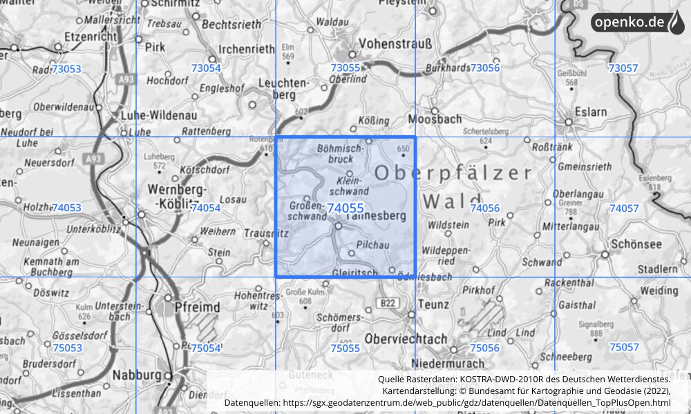 Übersichtskarte KOSTRA-DWD-2010R Rasterfeld Nr. 74055 mit angrenzenden Feldern