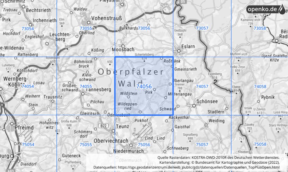 Übersichtskarte KOSTRA-DWD-2010R Rasterfeld Nr. 74056 mit angrenzenden Feldern