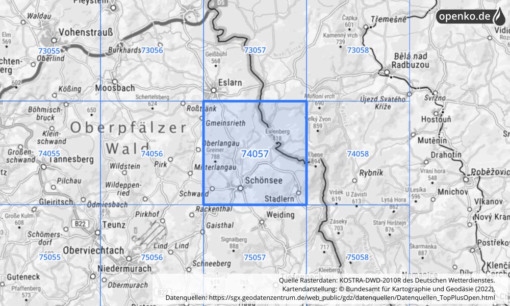 Übersichtskarte KOSTRA-DWD-2010R Rasterfeld Nr. 74057 mit angrenzenden Feldern