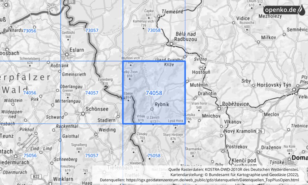 Übersichtskarte KOSTRA-DWD-2010R Rasterfeld Nr. 74058 mit angrenzenden Feldern