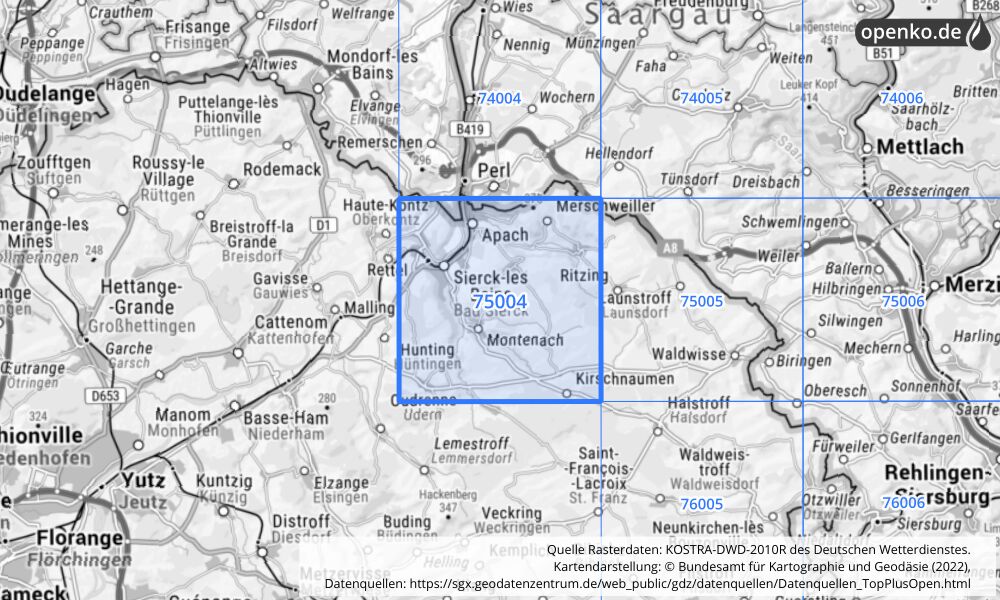 Übersichtskarte KOSTRA-DWD-2010R Rasterfeld Nr. 75004 mit angrenzenden Feldern