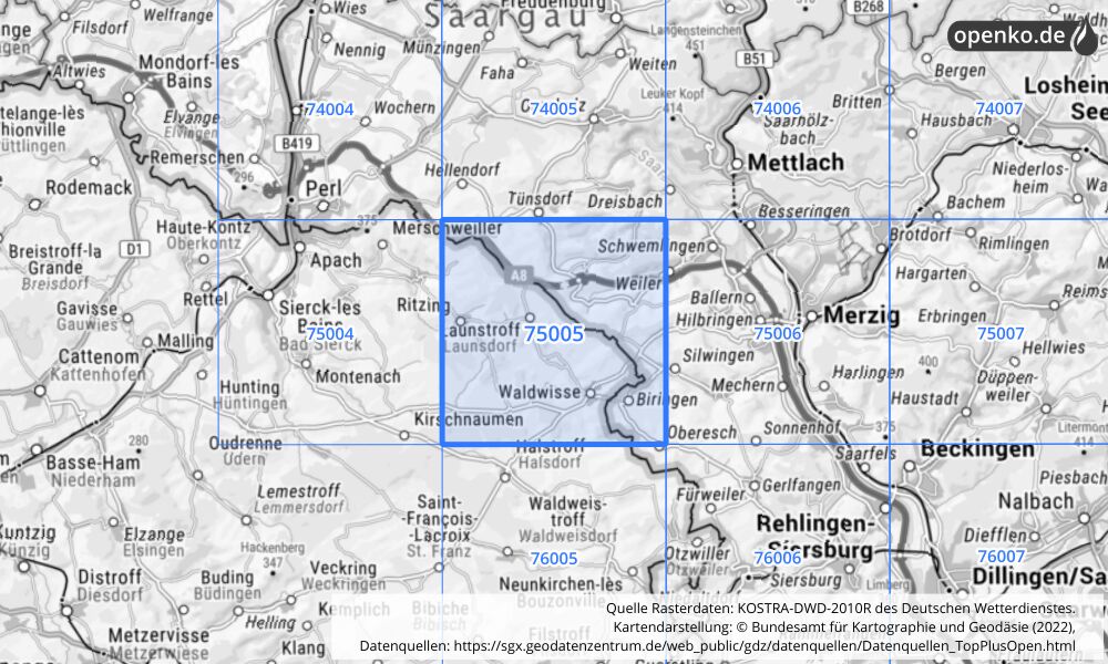 Übersichtskarte KOSTRA-DWD-2010R Rasterfeld Nr. 75005 mit angrenzenden Feldern