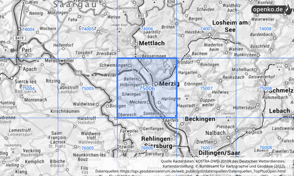 Übersichtskarte KOSTRA-DWD-2010R Rasterfeld Nr. 75006 mit angrenzenden Feldern