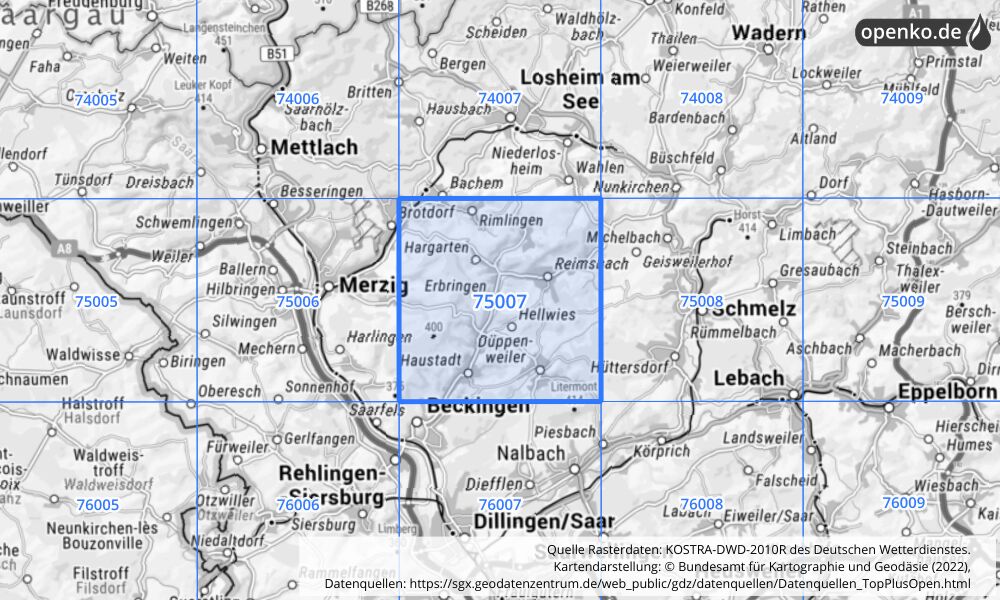 Übersichtskarte KOSTRA-DWD-2010R Rasterfeld Nr. 75007 mit angrenzenden Feldern