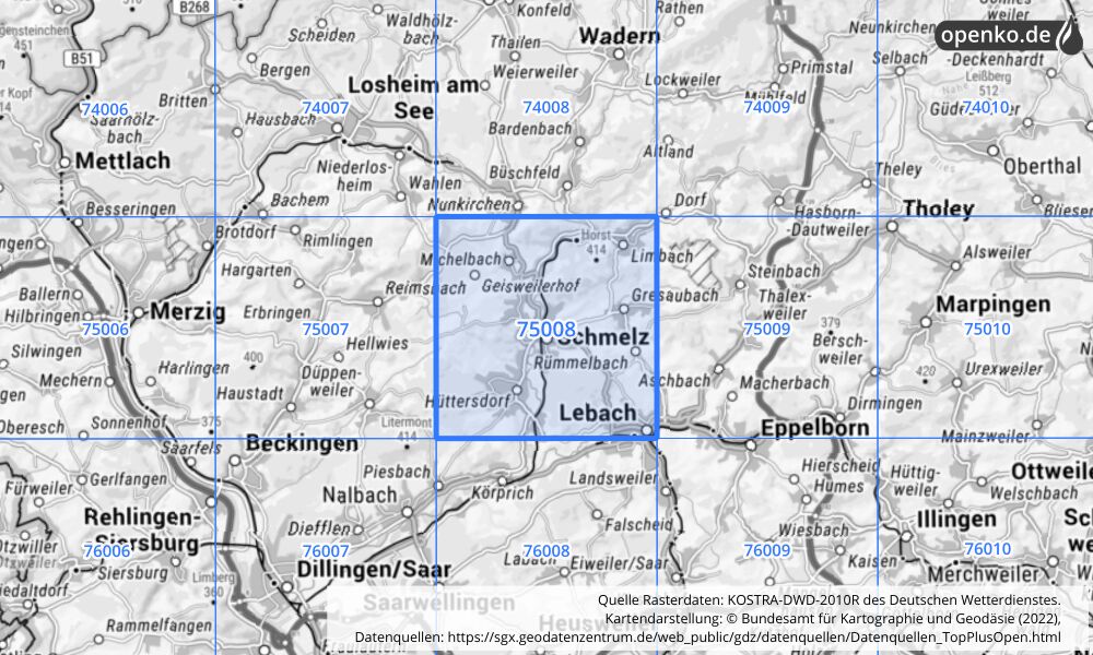 Übersichtskarte KOSTRA-DWD-2010R Rasterfeld Nr. 75008 mit angrenzenden Feldern