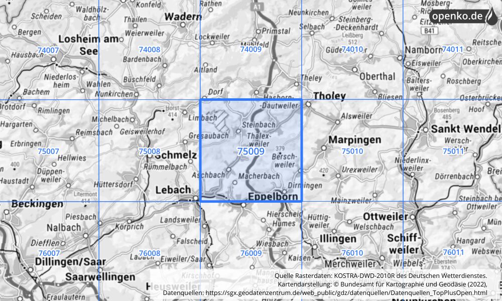 Übersichtskarte KOSTRA-DWD-2010R Rasterfeld Nr. 75009 mit angrenzenden Feldern