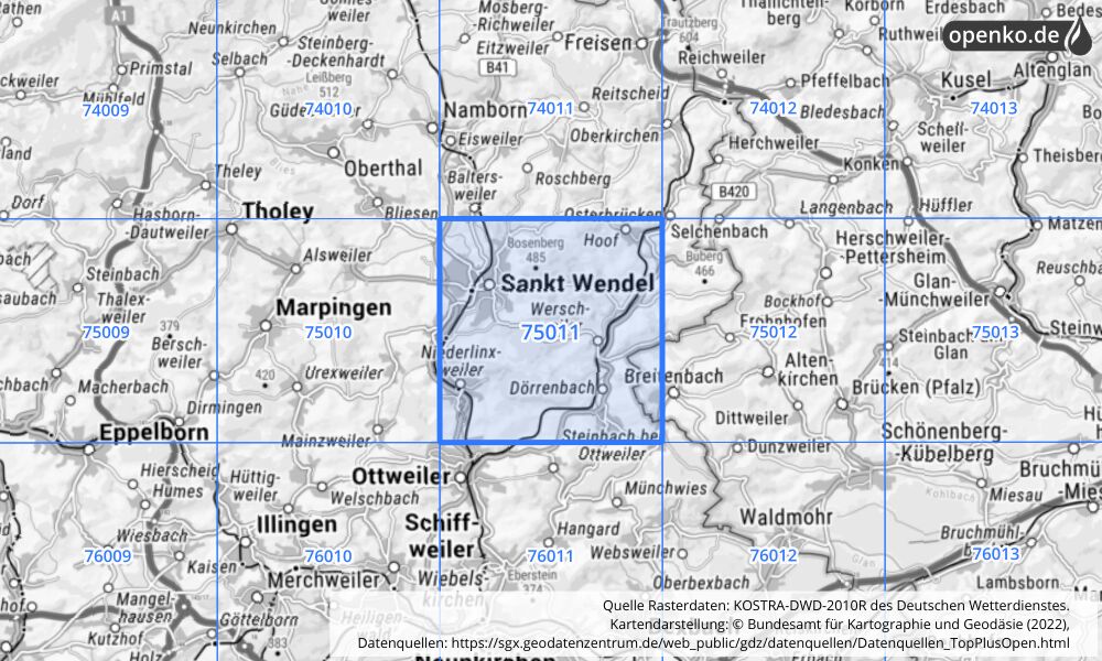 Übersichtskarte KOSTRA-DWD-2010R Rasterfeld Nr. 75011 mit angrenzenden Feldern