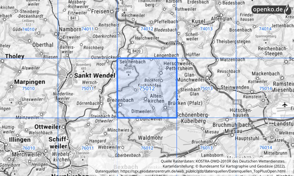 Übersichtskarte KOSTRA-DWD-2010R Rasterfeld Nr. 75012 mit angrenzenden Feldern