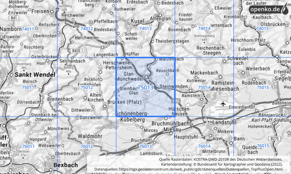 Übersichtskarte KOSTRA-DWD-2010R Rasterfeld Nr. 75013 mit angrenzenden Feldern