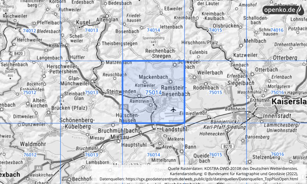 Übersichtskarte KOSTRA-DWD-2010R Rasterfeld Nr. 75014 mit angrenzenden Feldern